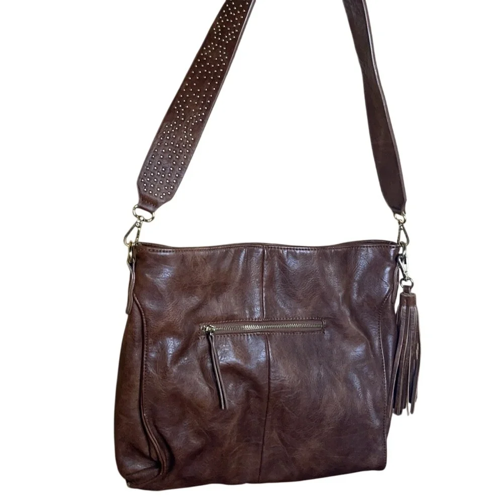 MMS Design Studio Brown Vegan Leather‎ Studded Strap Hobo Bag with Tassel